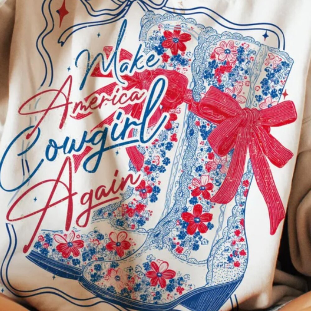 Comfort Colors Tee Featuring "MAKE AMERICA COWGIRL AGAIN" GLITTER Transfer